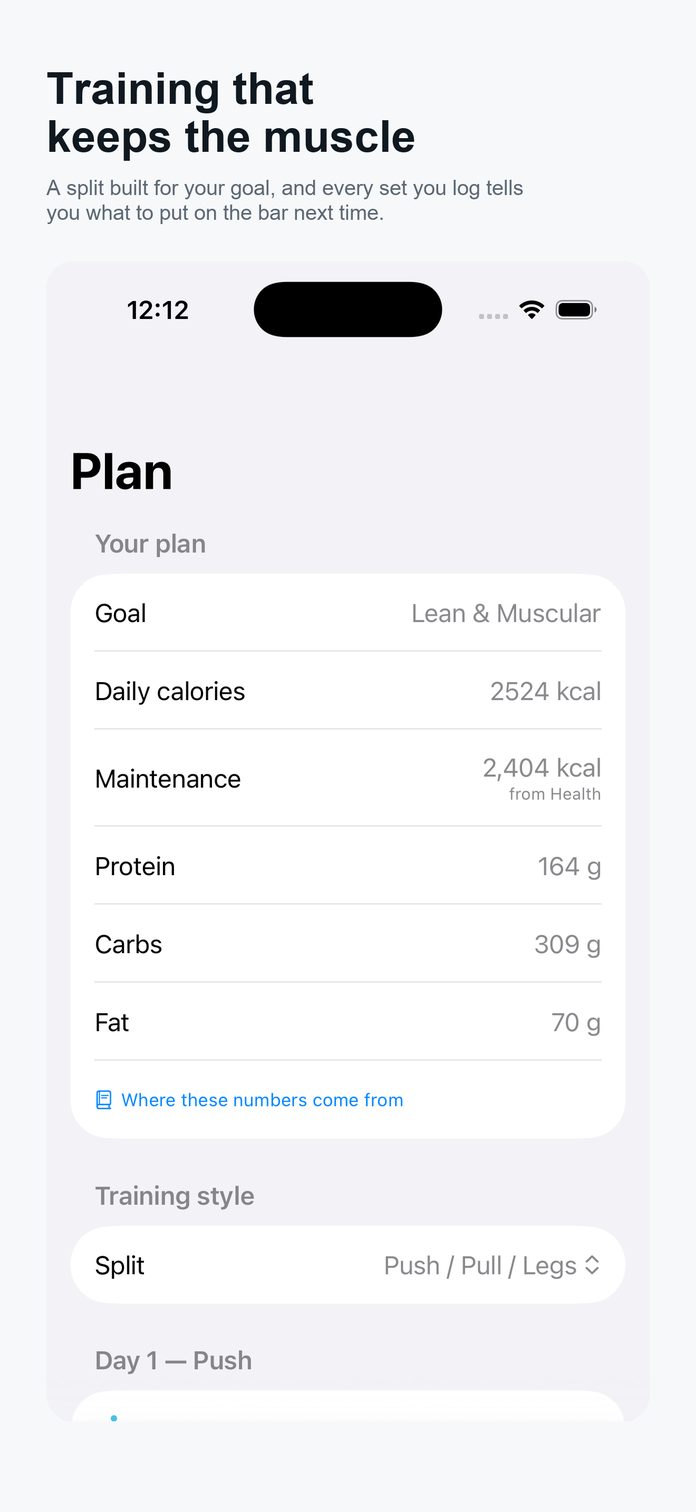 A training split with sets logged against each exercise